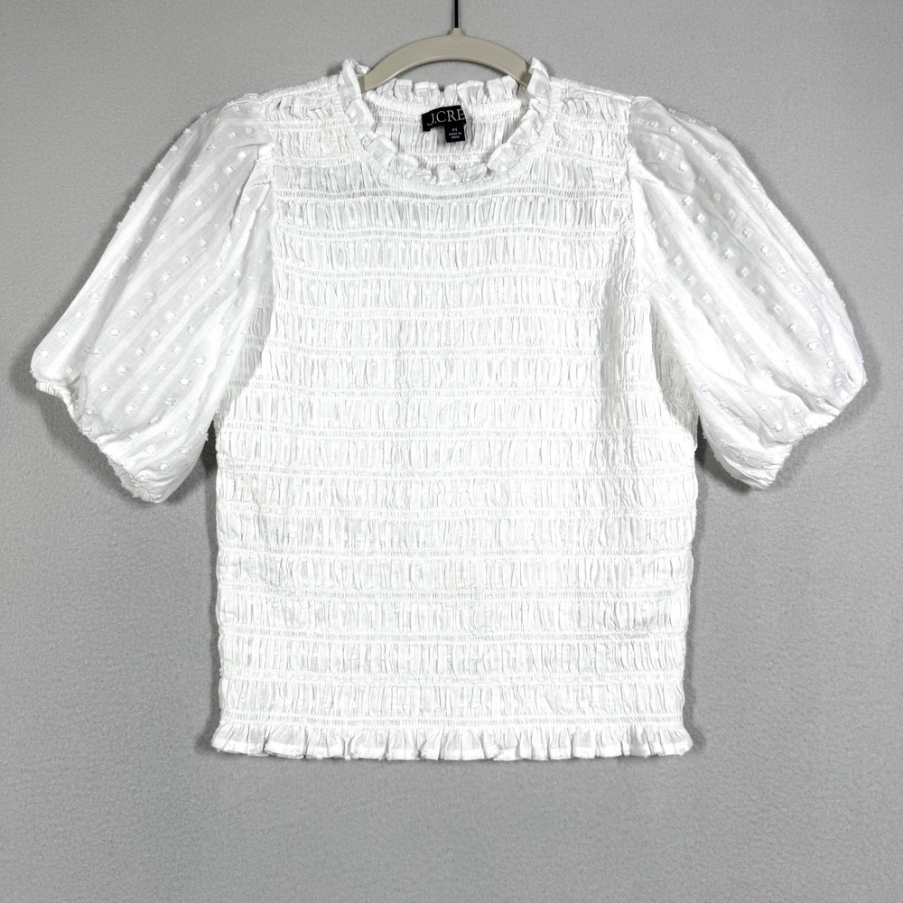 J Crew Top Womens XS Puff Sleeve Textured Voile Smocked Blouse Coastal Beach